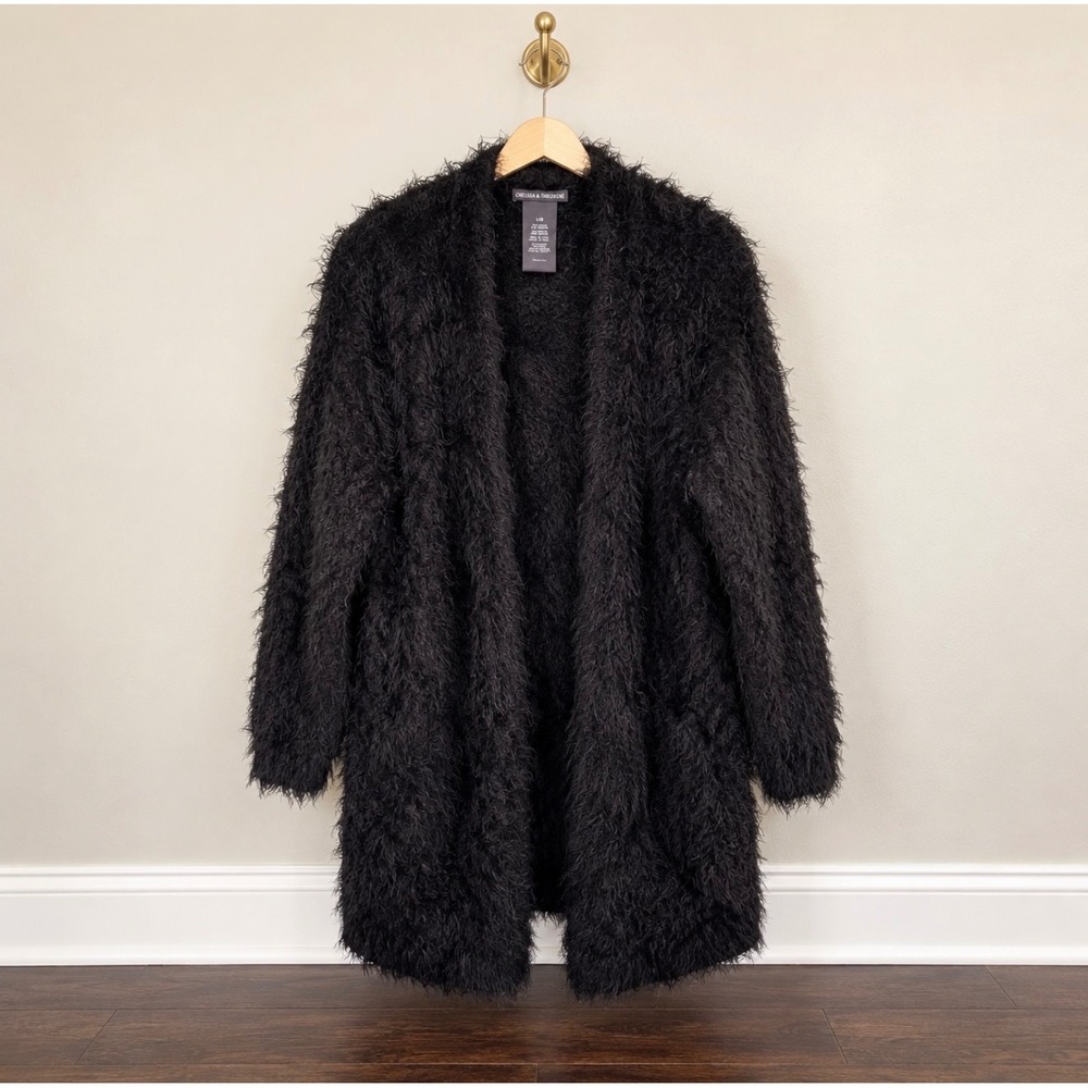 Chelsea & Theodore Black Eyelash Knit Fuzzy Open Front Longline Cardigan Large